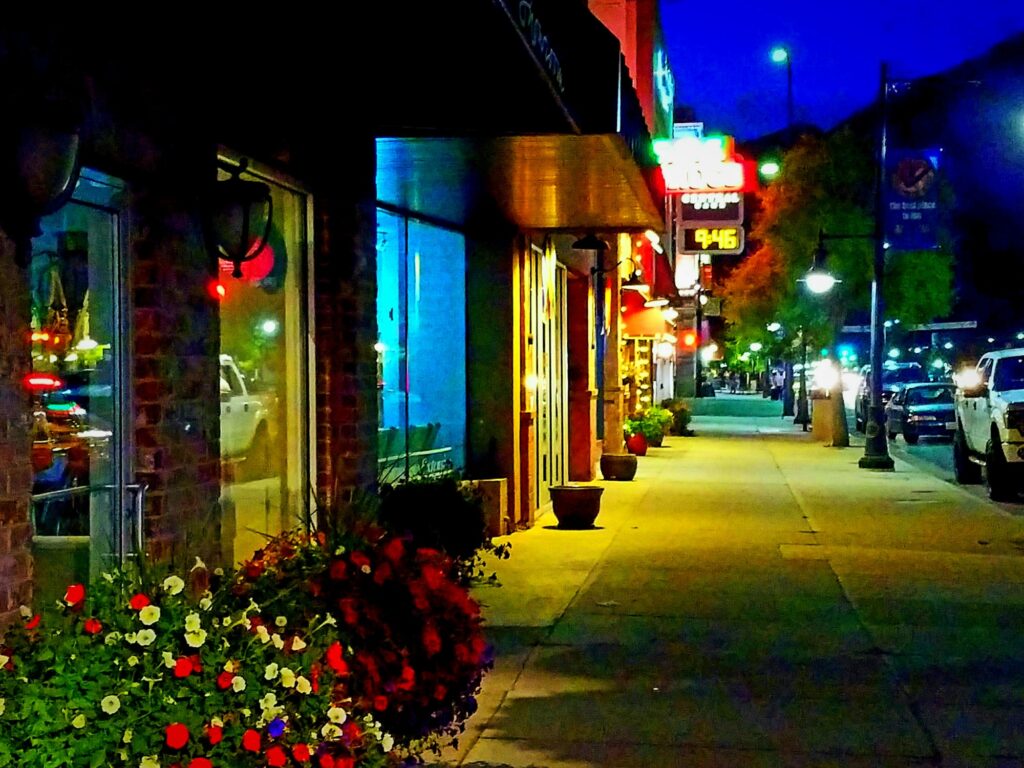 Small town Main Street on a summer evening..